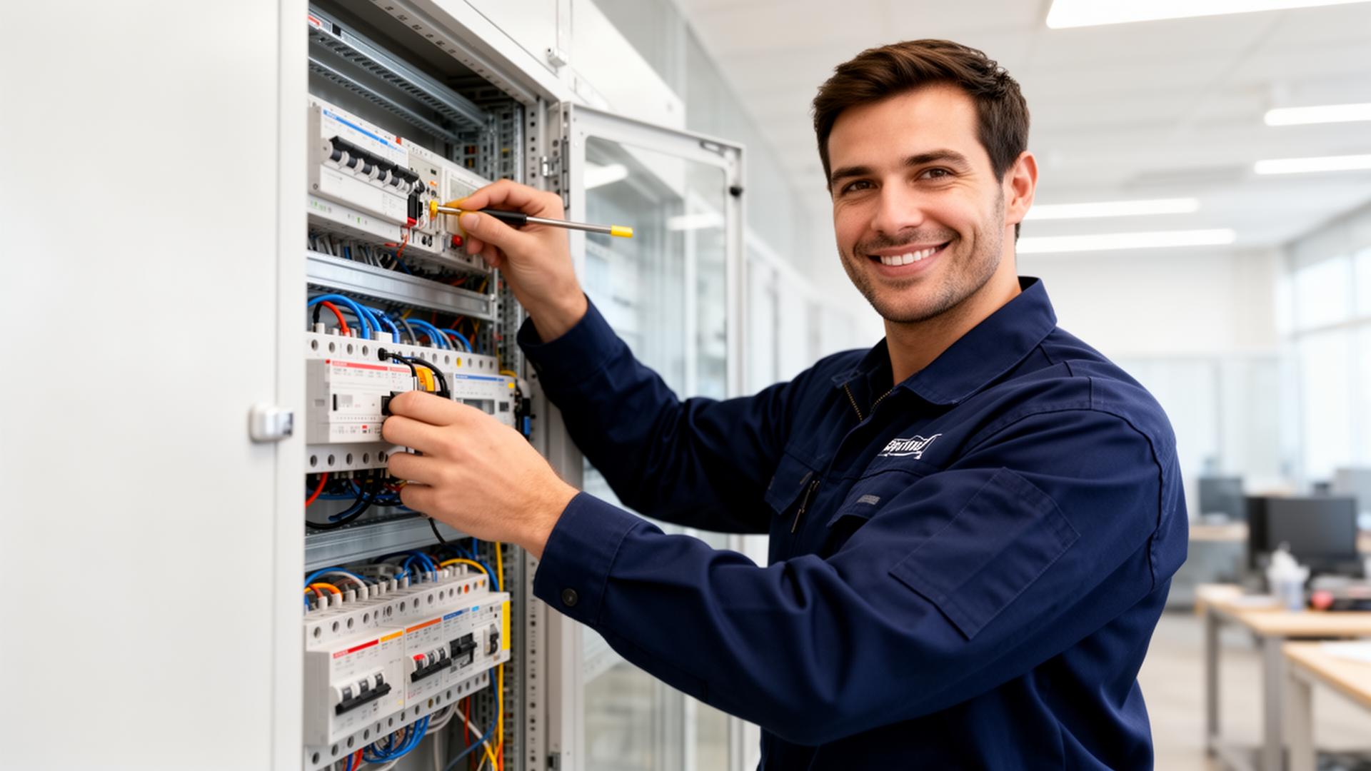 Professional electrician working on electrical panel